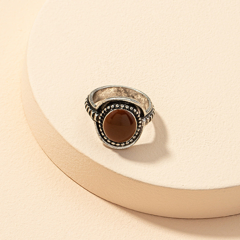 Exquisite Carved Tiger's Eye Ring with Vintage Red Wine Hue