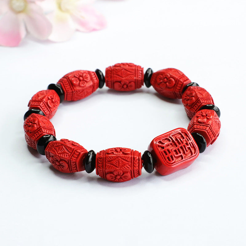 Cinnabar Flower Carved Red Sand Bracelet by Ping An Happiness Brand