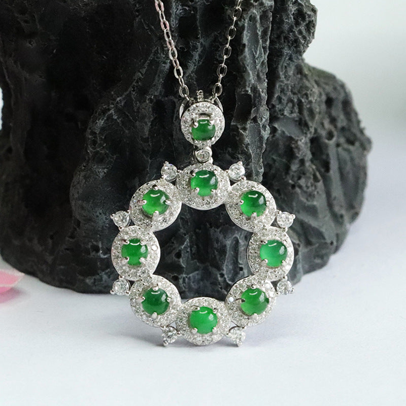 Sterling Silver Necklace with Ice Emperor Green Jade Ring Pendant