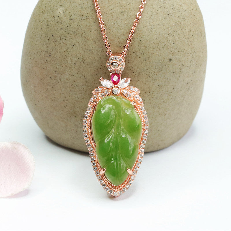 Elegant Natural Hotan Jade Leaf Necklace with Zircon Accents