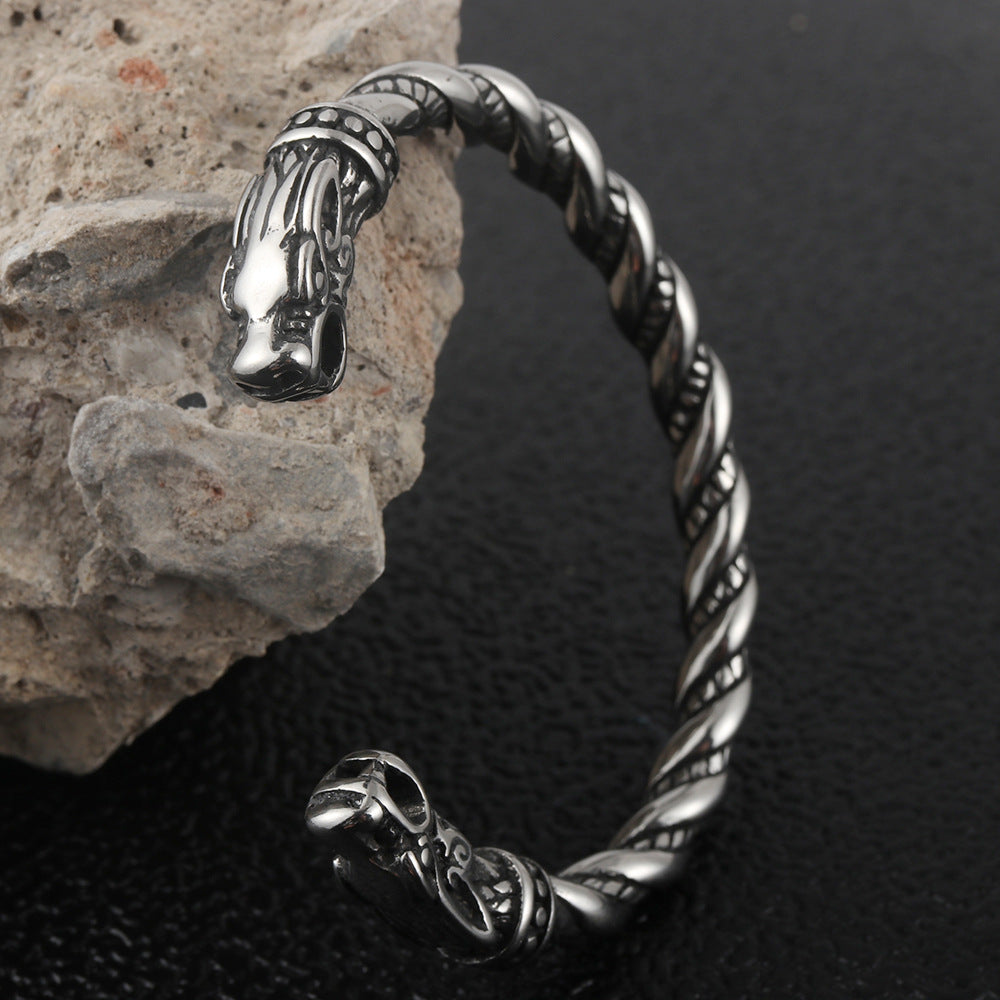 Titanium Steel Dragon Woven Bracelet for Men - Stylish Double Head Design