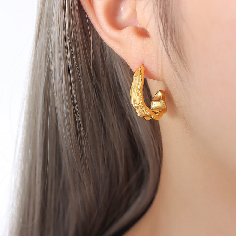 European and American Metallic Fashion Earrings with Unique Embossed Design & 18K Gold Plating