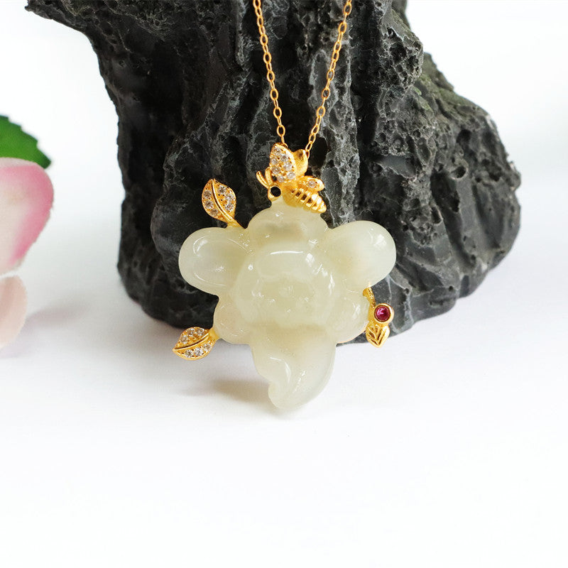 White Jade Lotus Necklace with Sterling Silver Chain