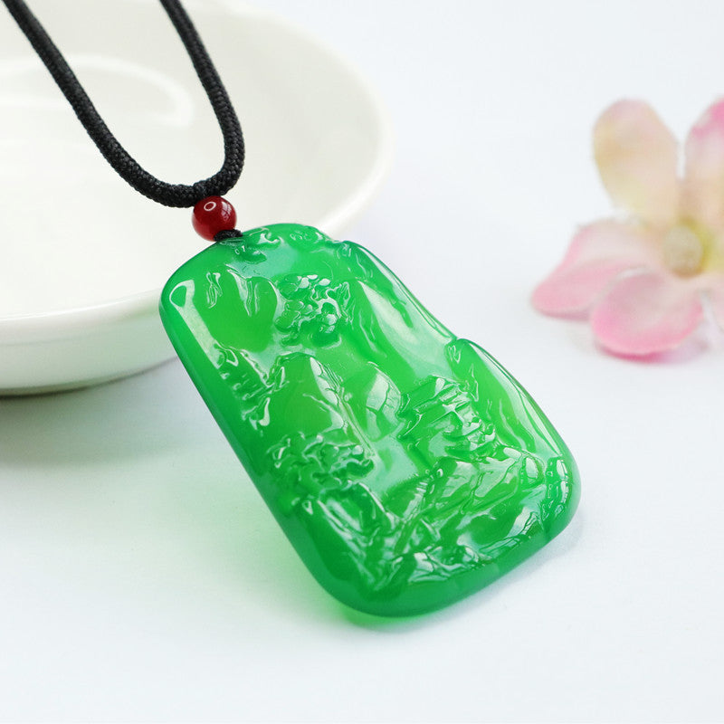 Natural Green Chalcedony Carving Landscape Pendant Jewelry