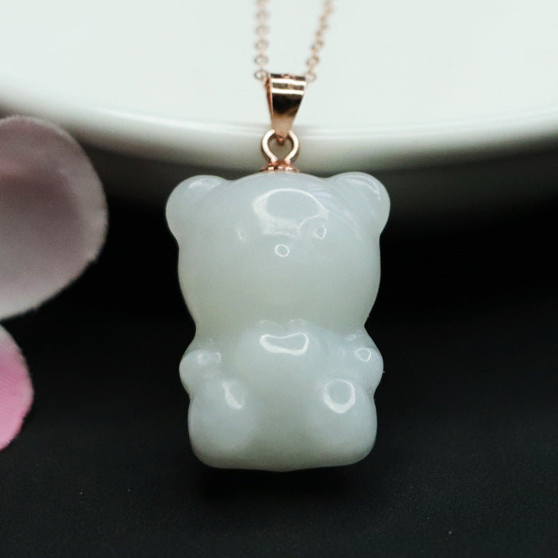 White Jade Bear Necklace with Sterling Silver Chain