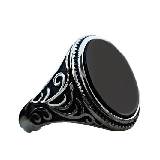 Retro Titanium Steel Engraved Black Agate Ring for Men - Wholesale Fashion Jewelry for Europe and the USA