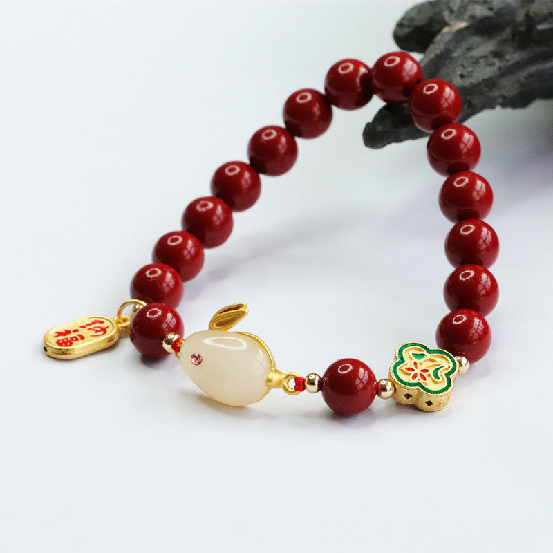 Rabbit Jade and Cinnabar Sterling Silver Bracelet