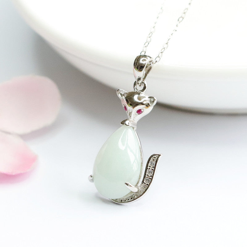 Sterling Silver Fox Pendant Necklace with Natural Jade