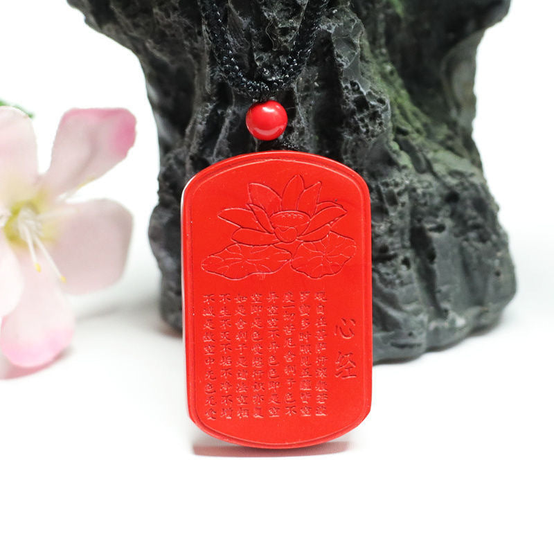 Vibrant Vermilion Heart Sutra Lotus Pendant with Red Sand Accent