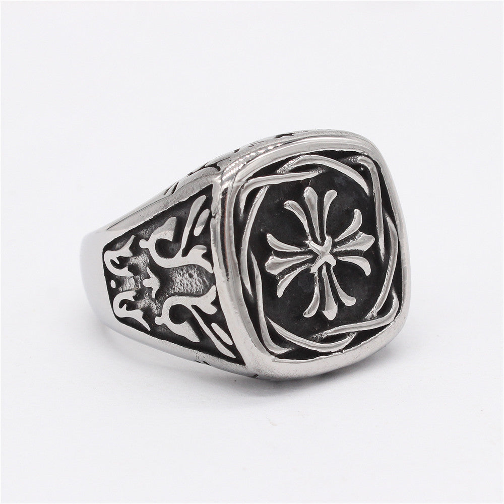 Retro Pattern Cross Flower Square Titanium Steel Ring for Men