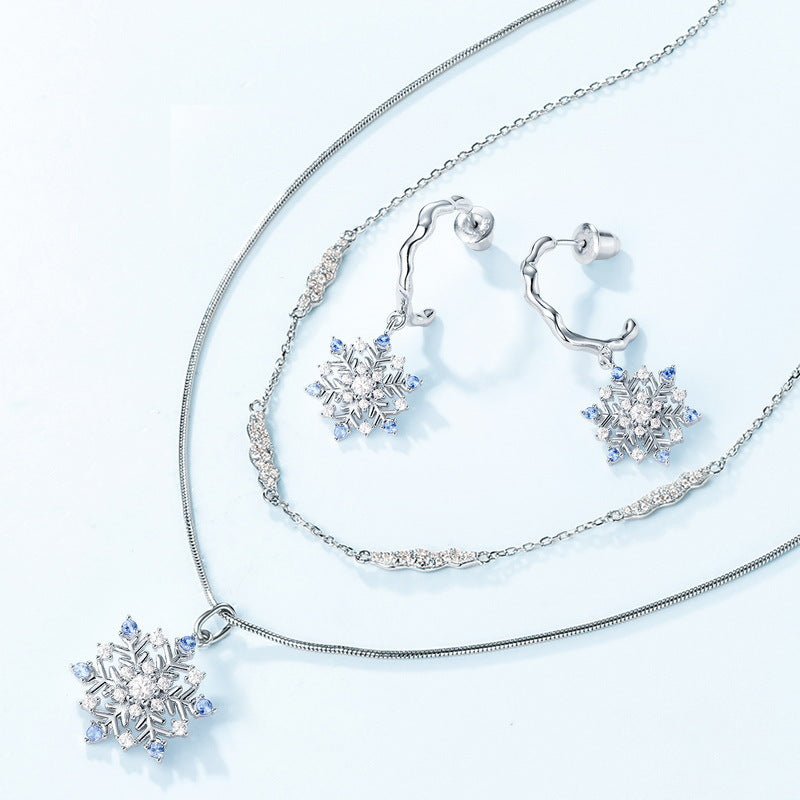 Blue and White Zircon Snowflake Pendant Wavy C Shape Sterling Silver Earrings