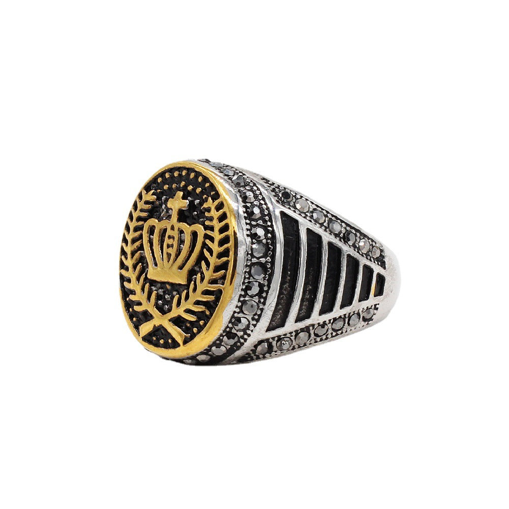 Men's Titanium Steel Crown Ring with European and American Retro Diamond Fashion