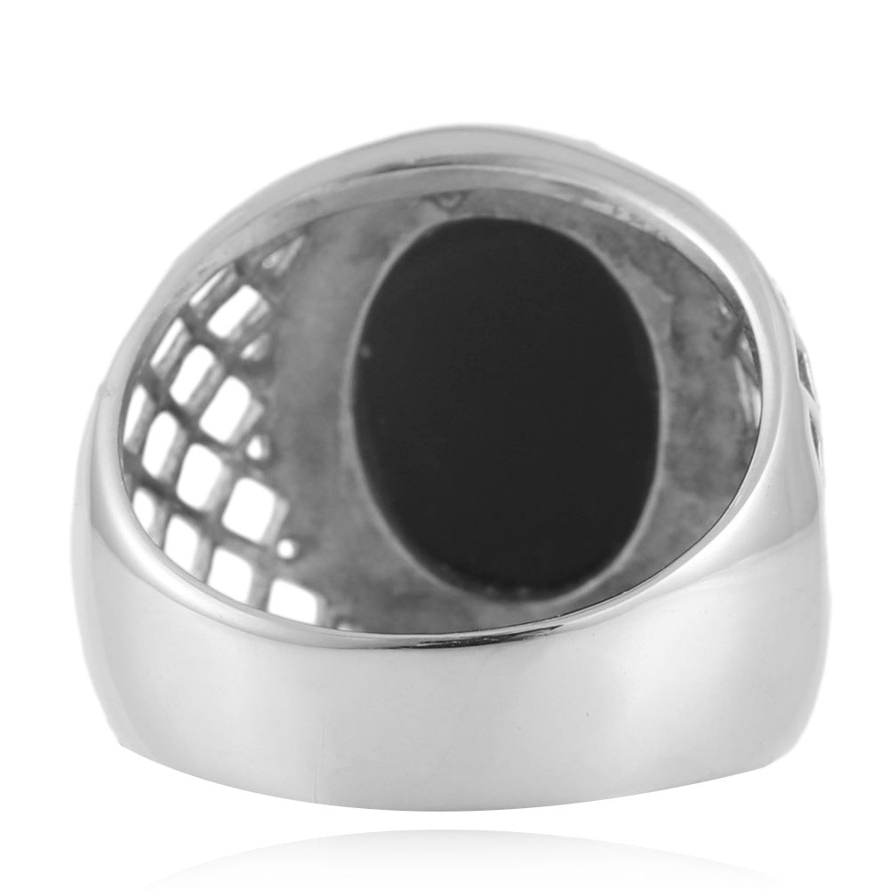 Trendy Titanium Steel Oval Hollow Ring for Men and Women with Black Stone Accent