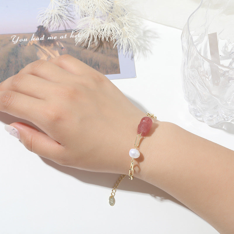 Crystal Pixiu Bracelet with Natural Strawberry and Pearl for Prosperity and Love