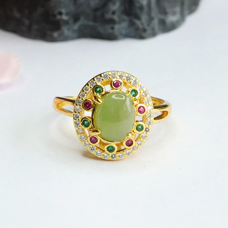 Vintage Hotan Jade Jasper Sterling Silver Ring with Colorful Zircon Accents