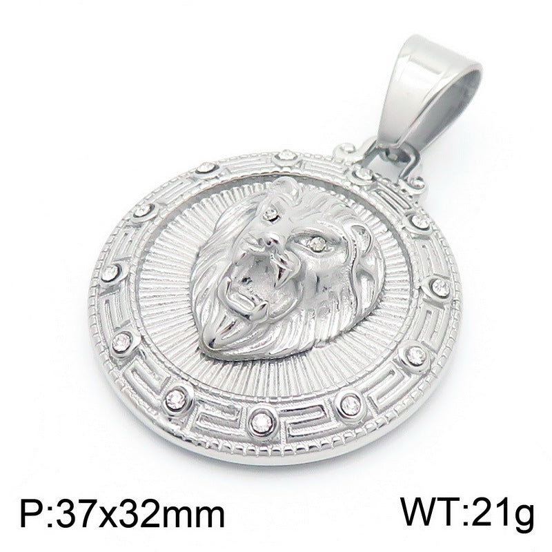 Customizable Guochao Urban Necklace, Trendy Titanium Steel Men's Zircon-Studded Disc Rune Lion Head Pendant