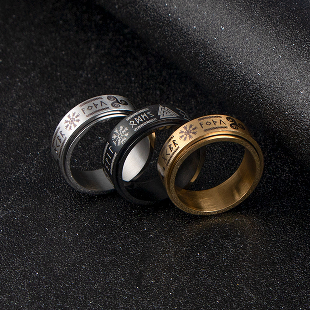 Viking-Inspired Nordic Rune Men's Ring in Tri-Color Titanium Steel