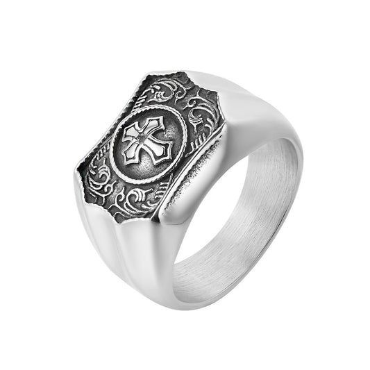 Palace Style Carved Cross Titanium Steel Ring for Men