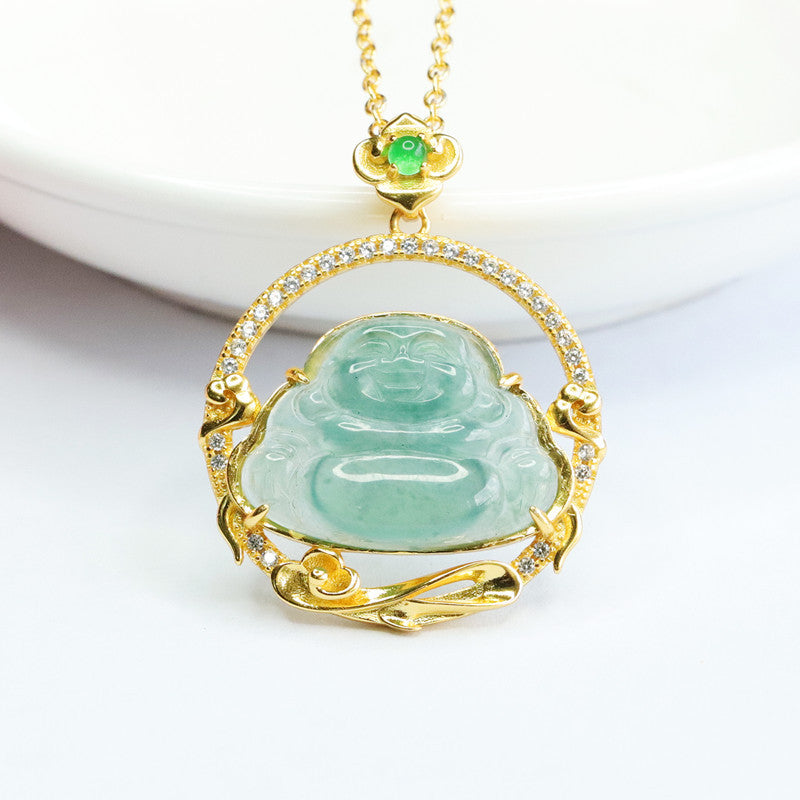 Buddha Hollow Circle Sterling Silver Jade Pendant Necklace