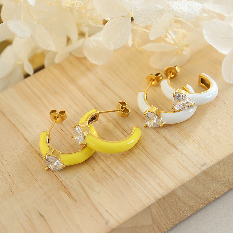 Yellow and White Drop Oil C-Shaped Earrings with Zircon Inlay