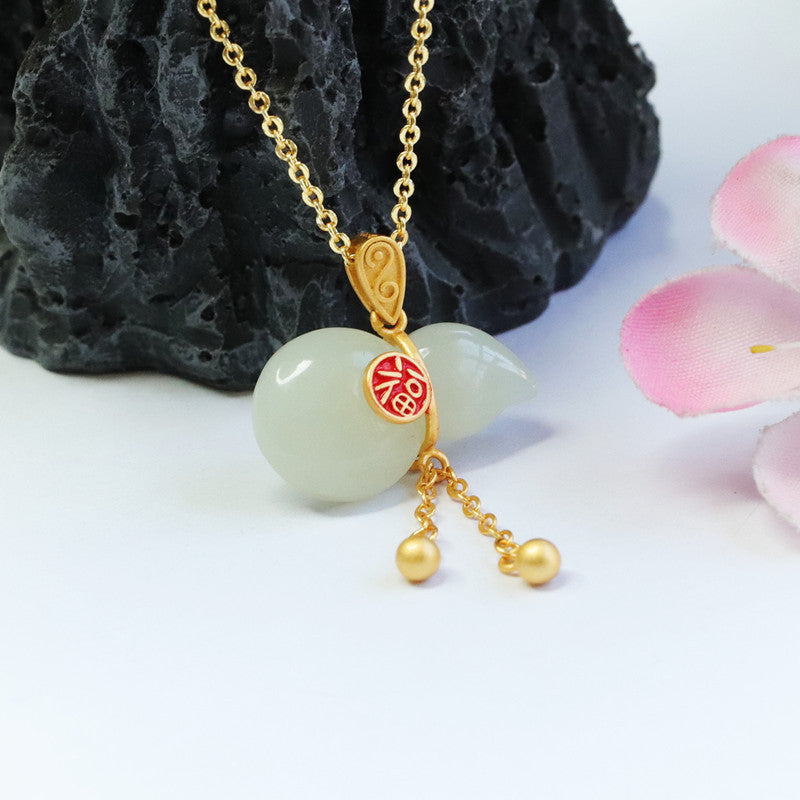 Blessed Gourd White Jade Necklace with Silver Tassel