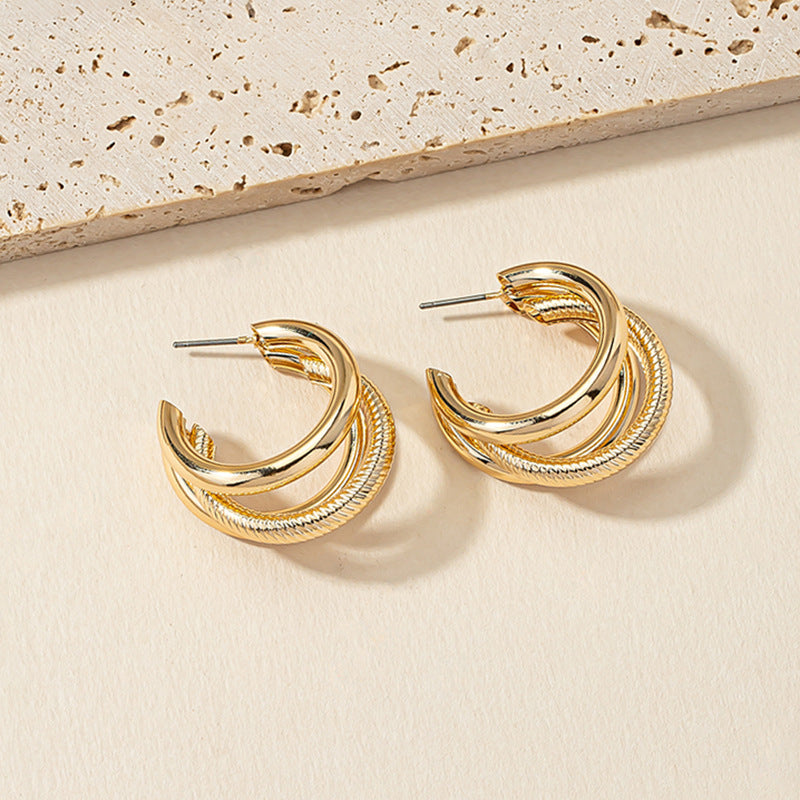 European Retro Style C-Shaped Earrings with Triple Circular Rings