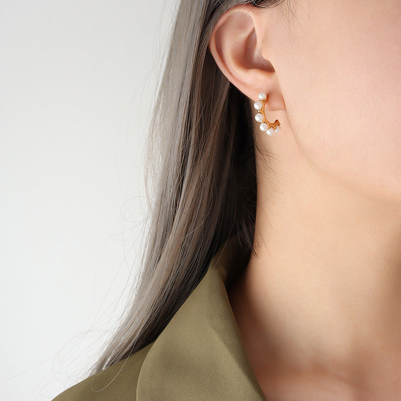 Elegant Titanium Gold-Plated Pearl Earrings by Planderful Collection