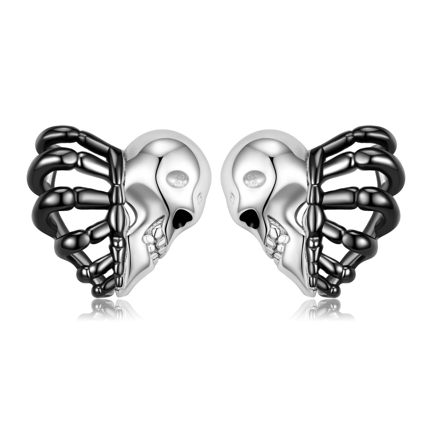 Halloween Skull Face and Rib Skeleton Silver Stud Earrings