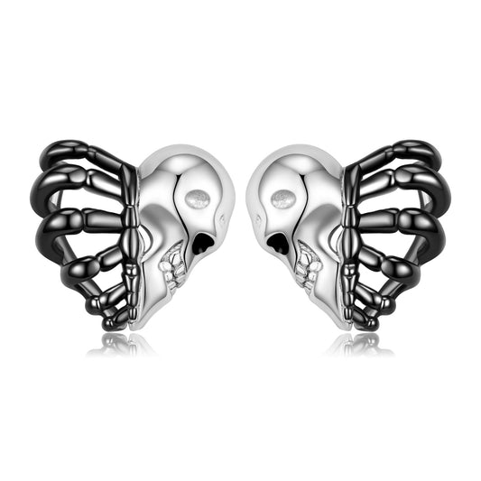 Halloween Skull Face and Rib Skeleton Silver Stud Earrings