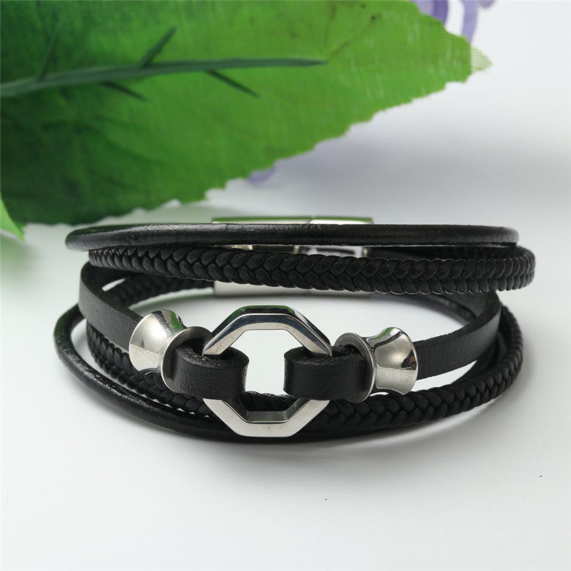 Personalized Men's Woven Skull Leather Bracelet with Titanium Steel Hollow Circle Design