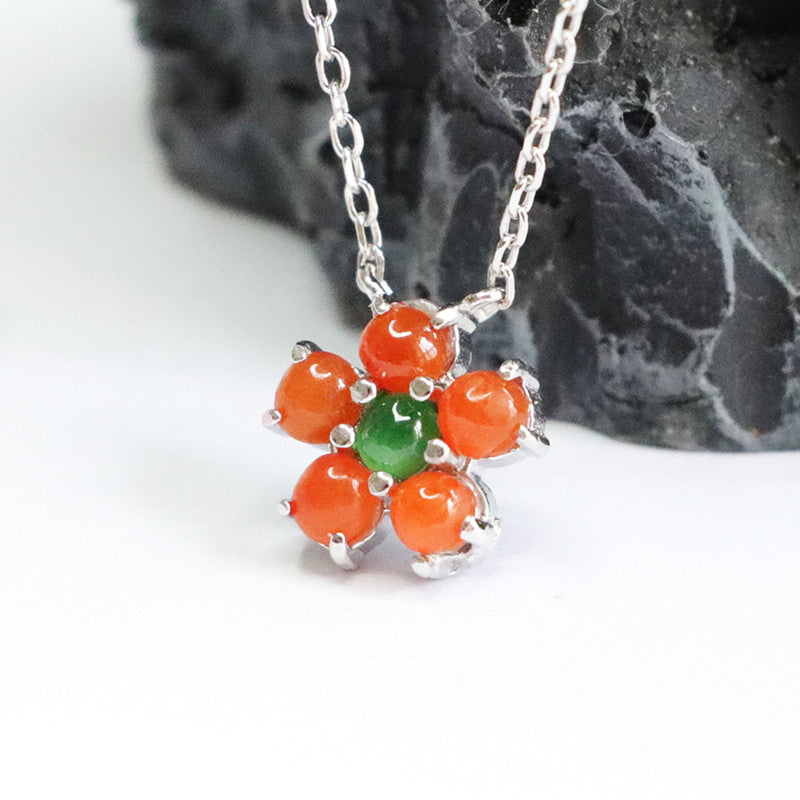 Ice Green and Red Jade Flower Necklace in Sterling Silver