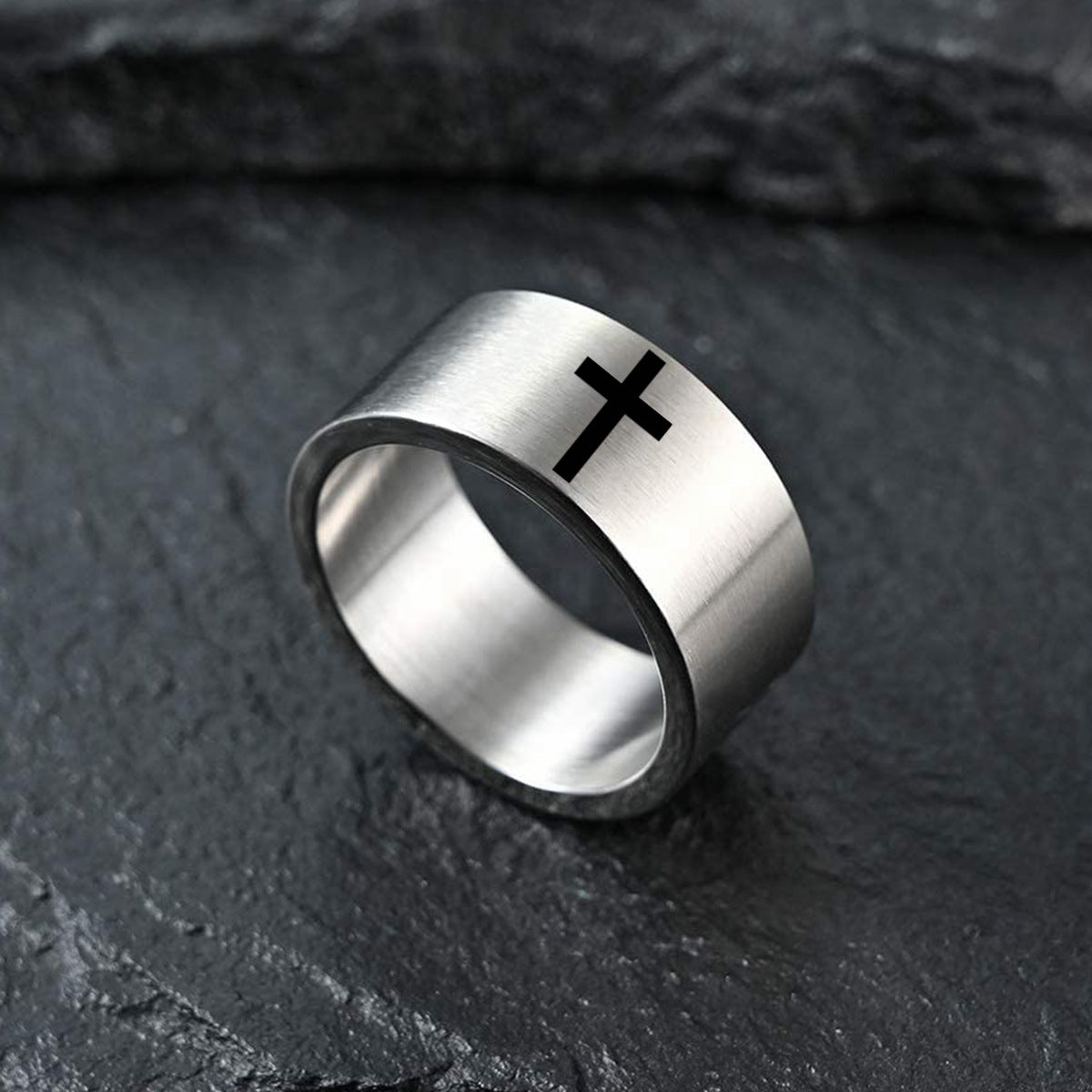 European American Titanium Steel Men's Cross Ring with Sand Face Brush Finish