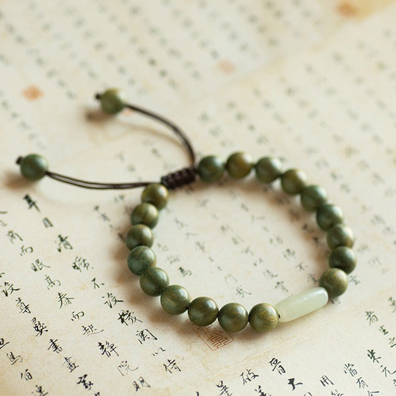 Elegant Handcrafted Green Sandalwood and Hotan Jade Bracelet