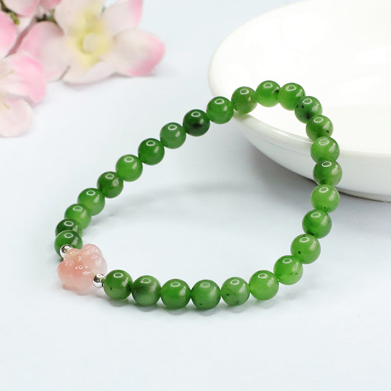 Hetian Jade and Agate Flower Jasper Bracelet with Sterling Silver Charm