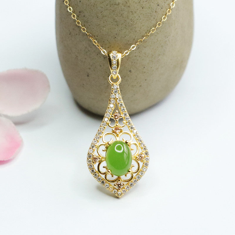 Water Drop Hollowed Jade Jasper Necklace with Zircon Pendant