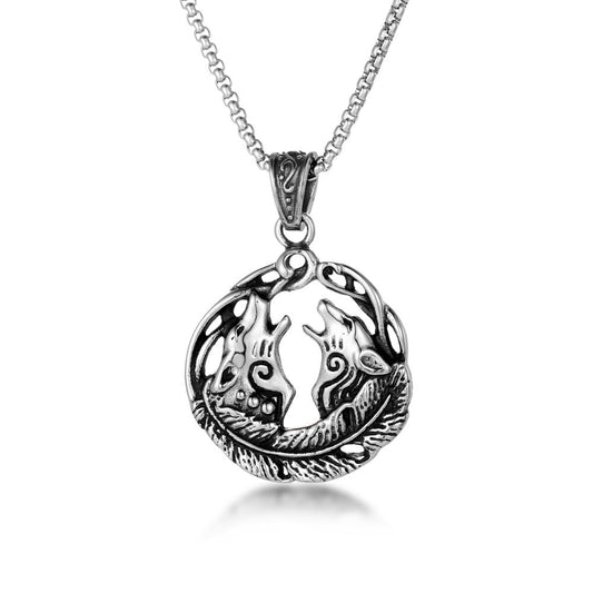 Custom Retro Twin Wolf Pendant Necklace in Vintage Titanium Steel for Men