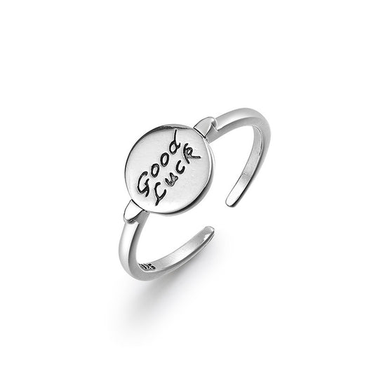 GOOD LUCK Letter Round Disc Opening Sterling Silver Ring