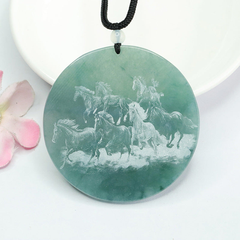 Jade Horse Zodiac Pendant with Eight Horses Carving in Blue Green Shadow