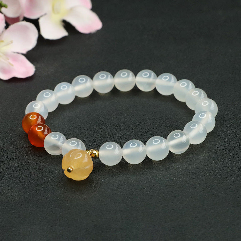 Lucky Charm Sterling Silver Bracelet with Red Agate and White Chalcedony Beads