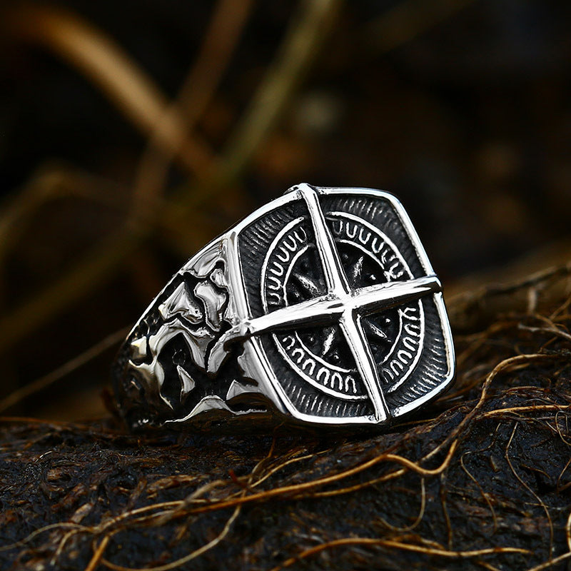 Titanium Steel Navigational Compass Ring for Men - Nautical Inspired Stainless Steel Anchor Design