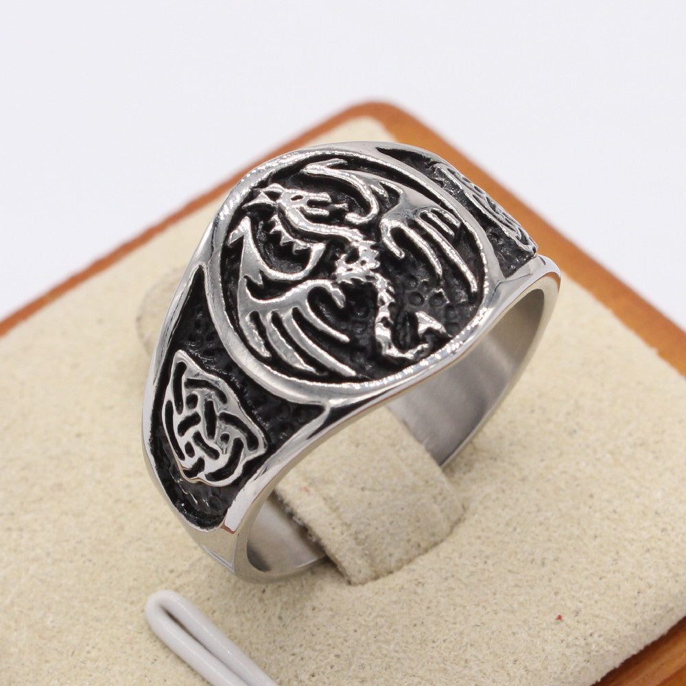 Retro Dragon Clan Logo Men's Titanium Steel Ring with Flying Dragon