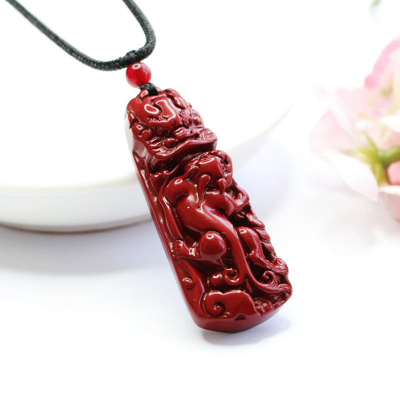 Purple Gold Sand Dragon Head Pixiu Sterling Silver Pendant with Cinnabar Stone