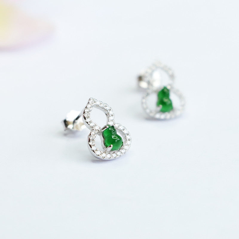 Gourd Stud Jade Earrings in Sterling Silver 925