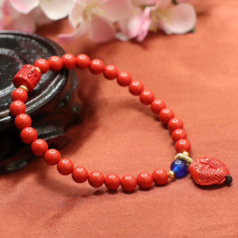 Cinnabar Double Fish Bracelet with Six-character Proverbs Sterling Silver Jewelry