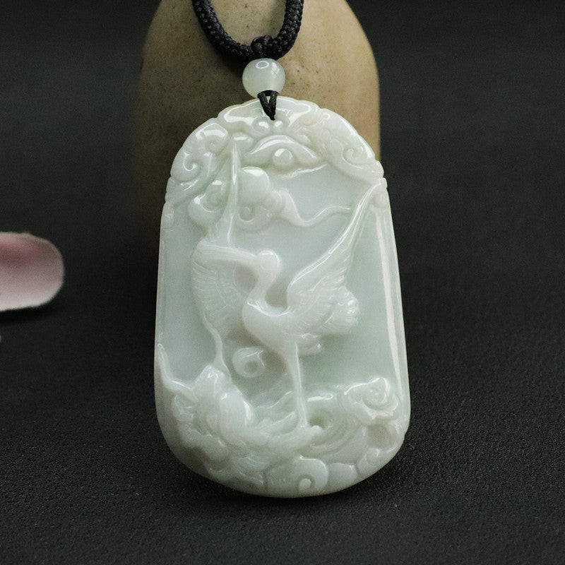 Jade Red-Crowned Crane Pendant with Auspicious Cloud Carving