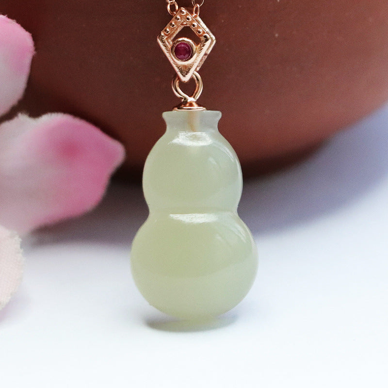 Fortune's Favor S925 Sterling Silver Gourd and Rhombus Jade with Zircon Necklace