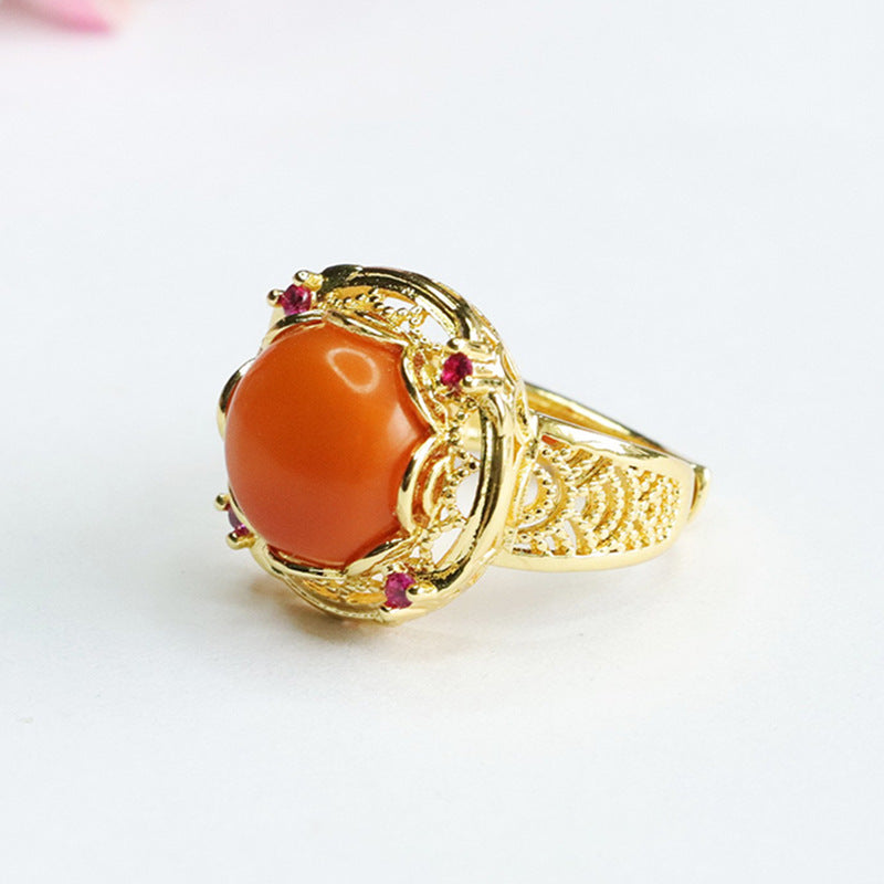 Golden Honey Wax Amber Fortune Ring with Sterling Silver