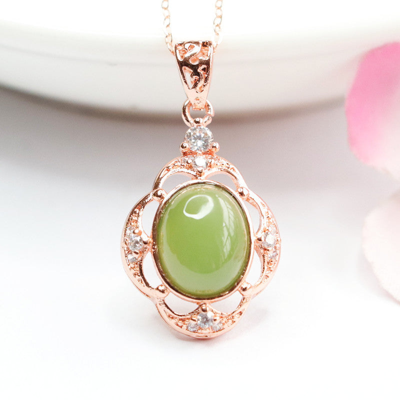 Oval Hollow Flower Edge Necklace Crafted with Natural Hotan Jade