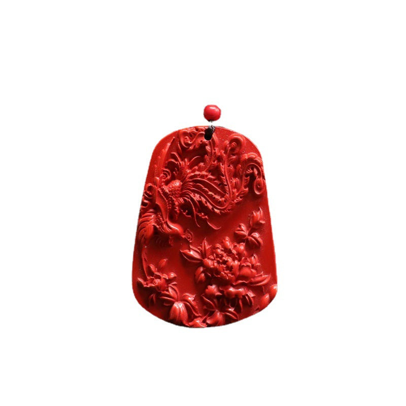 Cinnabar Phoenix Peony Sterling Silver Pendant