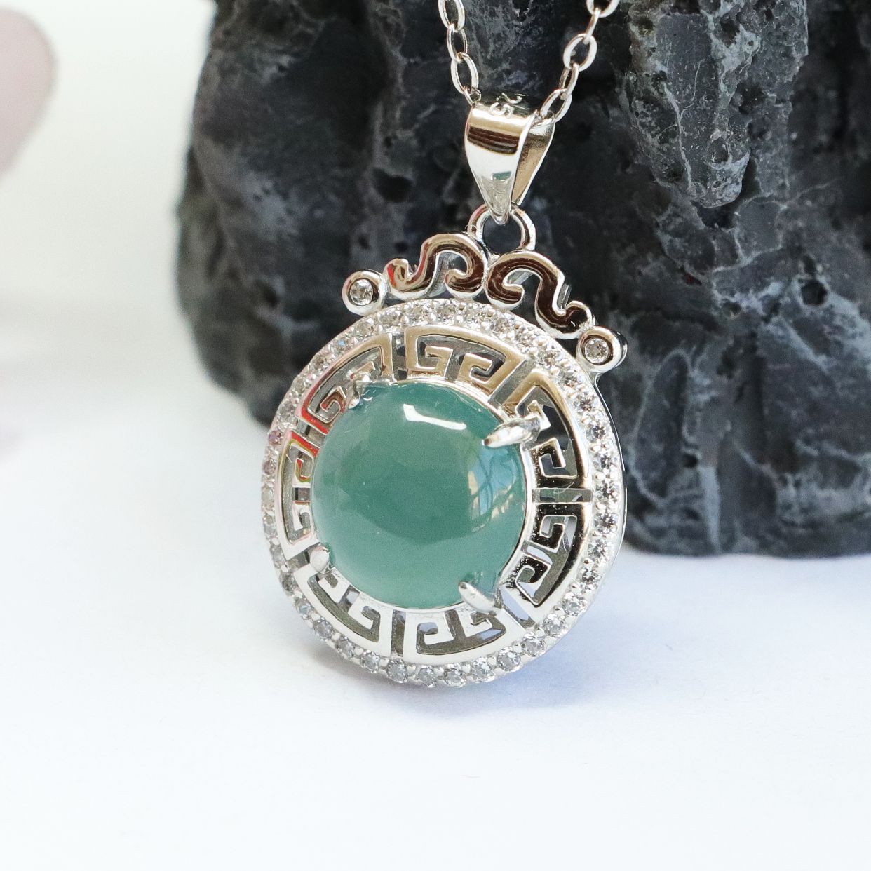 Sterling Silver Necklace with Natural Jade Beads and Hollow Circle Pendant